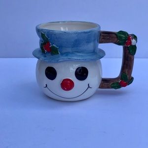 Vintage 1979 Fitz & Floyd Christmas Snowman Head Ceramic Coffee Mug Blue White